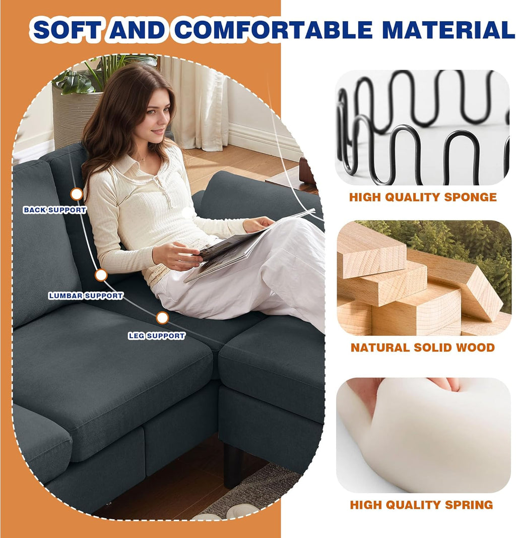 4 Piece Convertible Sectional Sofa Set, Modern Linen Small L Shaped Couch with Reversible Chaise, 3-Seater Sofa & Loveseat & Armchair for Living Room, Office, Apartment, Dark Grey