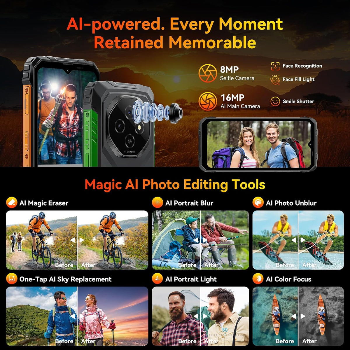 Blackview Fort 1 Rugged Phone Android 15, 18GB+256GB 2TB Expand 10000mAh Battery Rugged Smartphone Unlocked, Gemini AI 6.56 Inch 90Hz, 4G T-Mobile Dual SIM IP69K Waterproof, Fingerprint/NFC/OTG/GPS