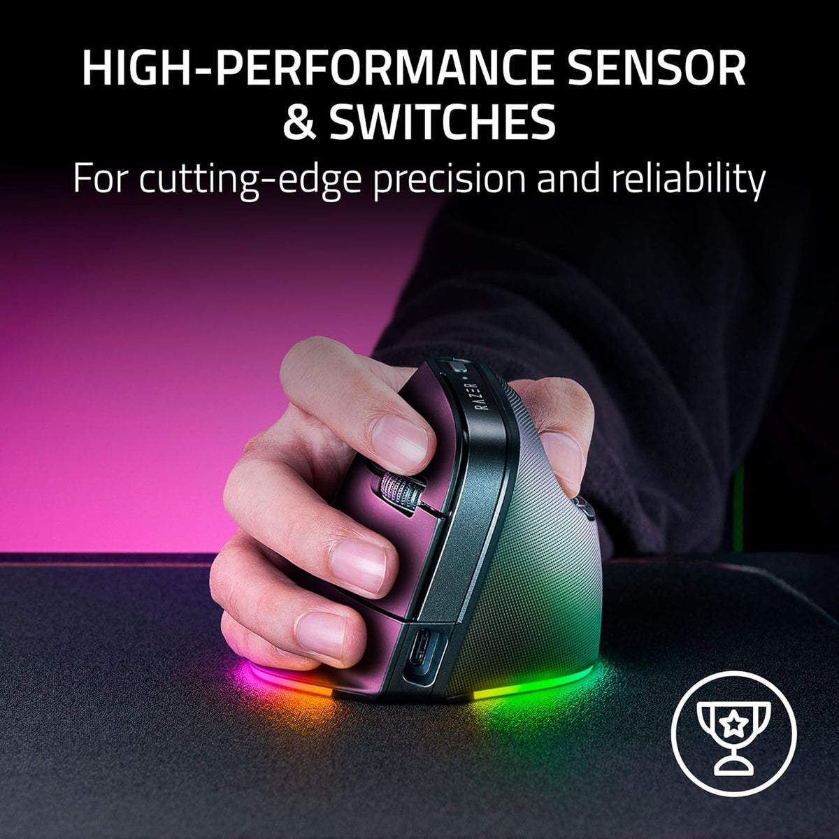 Razer Pro Click V2 Vertical Wireless Mouse: 6 Button Ergonomic Design - One Click AI Prompt - Supports Windows & Mac - Multi Device Connectivity via 2.4GHz, Bluetooth, or USB C Wired Mode - Chroma RGB