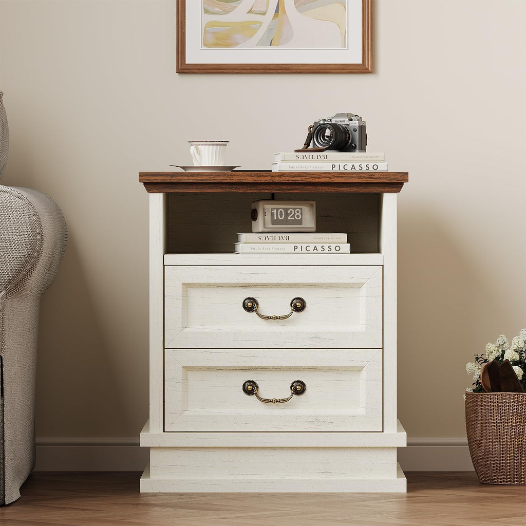 knoword 18'' Wide Farmhouse Nightstands with Charging Station, Wood Square Nightstand with 2 Large Drawers, Bedside Table, Rustic End Table for Bedroom, White