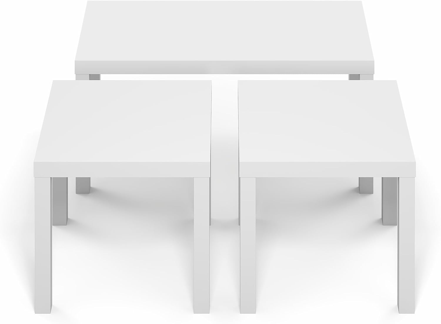 Furinno Classic Living Room Table Set of 3, Modern Rectangle Coffee Table with 2 Square Side Tables, End Tables, 1.8 Inch Thick Tabletop for Living Room, Home Office, White