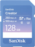 SANDISK 128GB Creator SD UHS-II Card, Read speeds up to 280MB/s, for DSLR and Mirrorless Cameras, 4K UHD, 6K Video, V60, 1 Month of Adobe Creative Cloud Included - SDSDXEP-128G-GNCIS