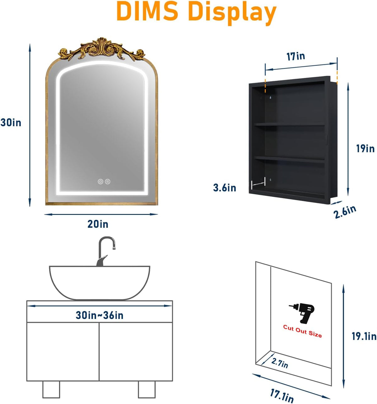 20"x30" LED Bathroom Medicine Cabinet with Mirror and Lights, Bronze Hand-Painted Baroque Bathroom Storage with Mirror, Recessed / Wall Mounted, Dimmable 3 Color Lighting Anti-fog ( with 1 Organizer)