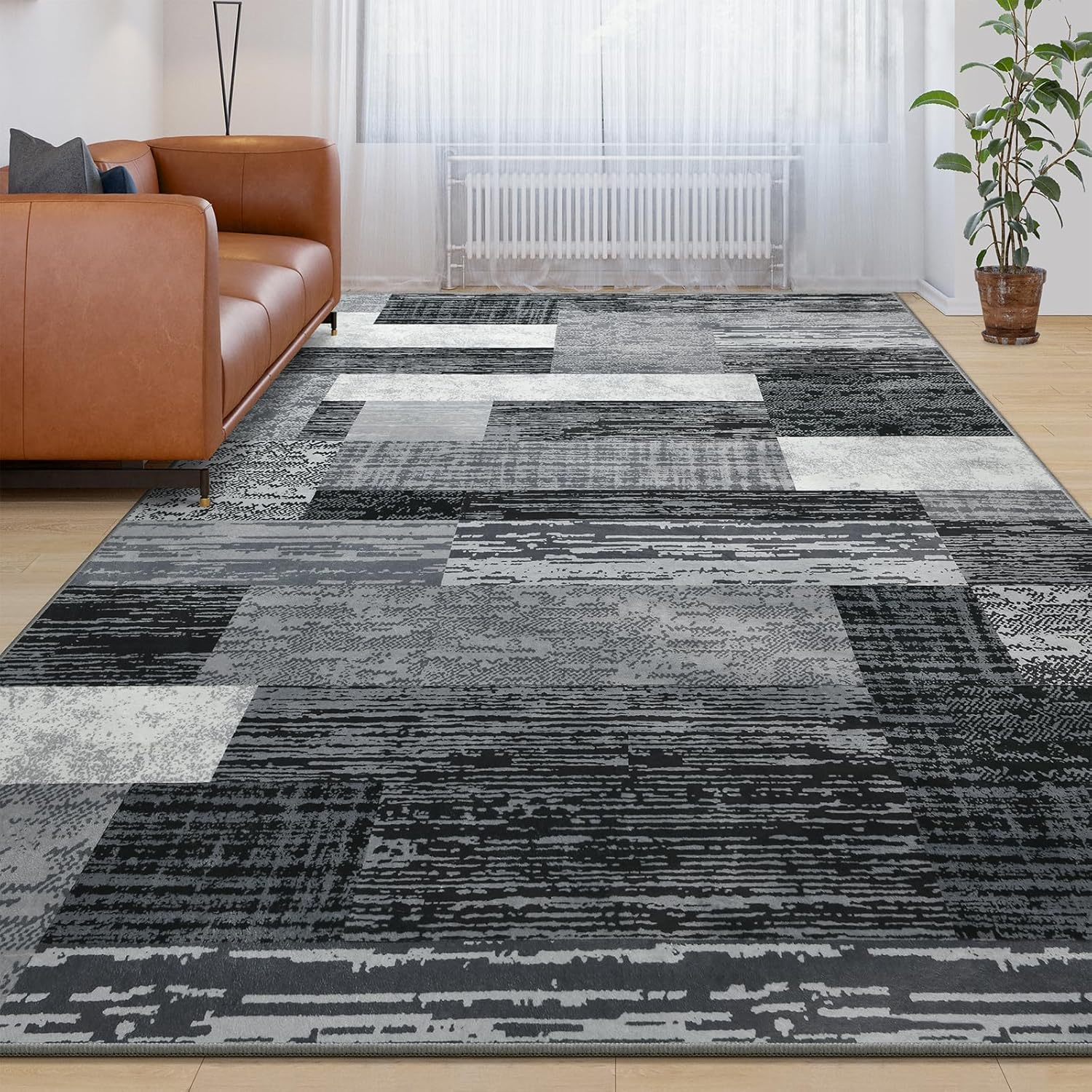 Large Area Rugs,Modern Geometric Patchwork Floor Decor for Bedroom Aesthetic Carpet, Rockwood Collection, Indoor Rugs for Living Room, Dining Room, Nursery, Office, Machine Washable Rug,9x12 Ft Grey