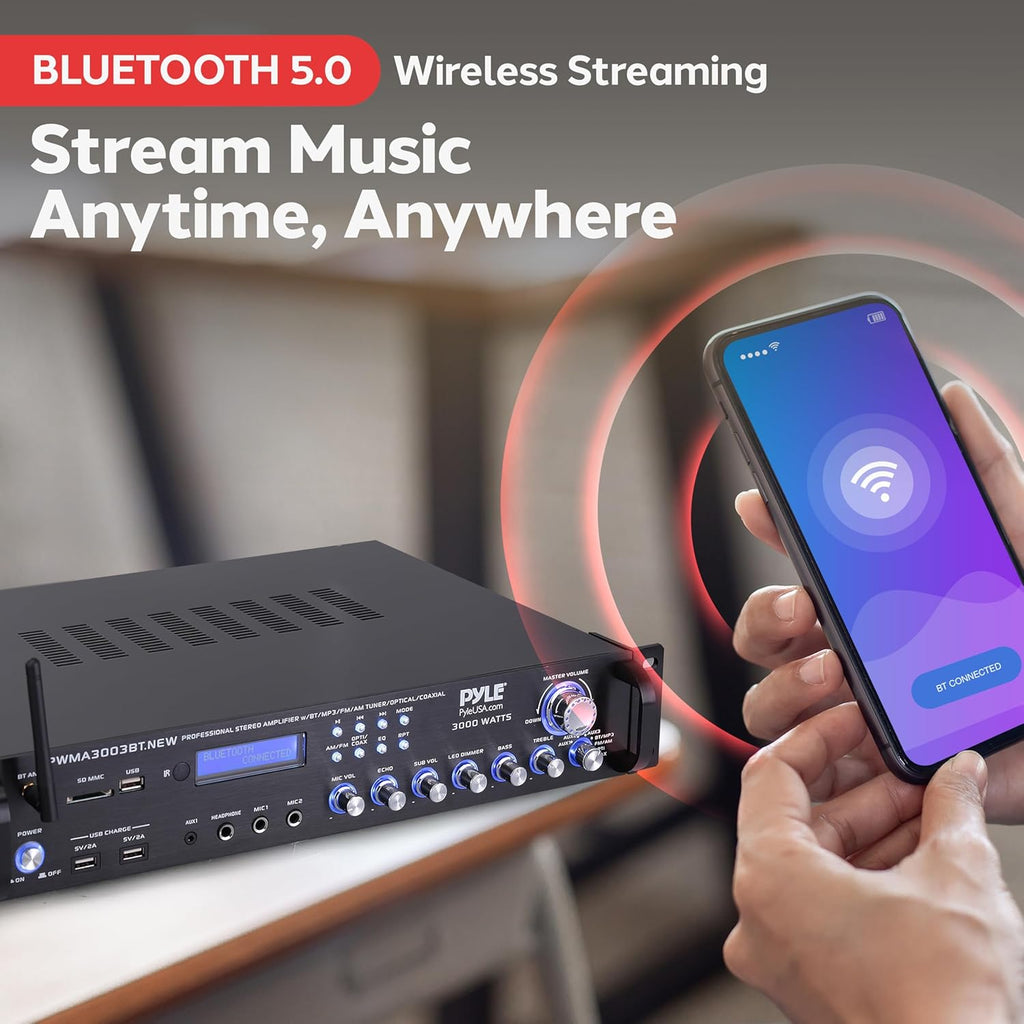 Pyle Bluetooth Home Audio Power Amplifier -4 Ch. 3000W, Stereo Receiver w/Speaker Selector, FM Radio, USB, Headphone, 2 Wireless Mics for Karaoke, Great for Home Entertainment System - PWMA3003BT.NEW
