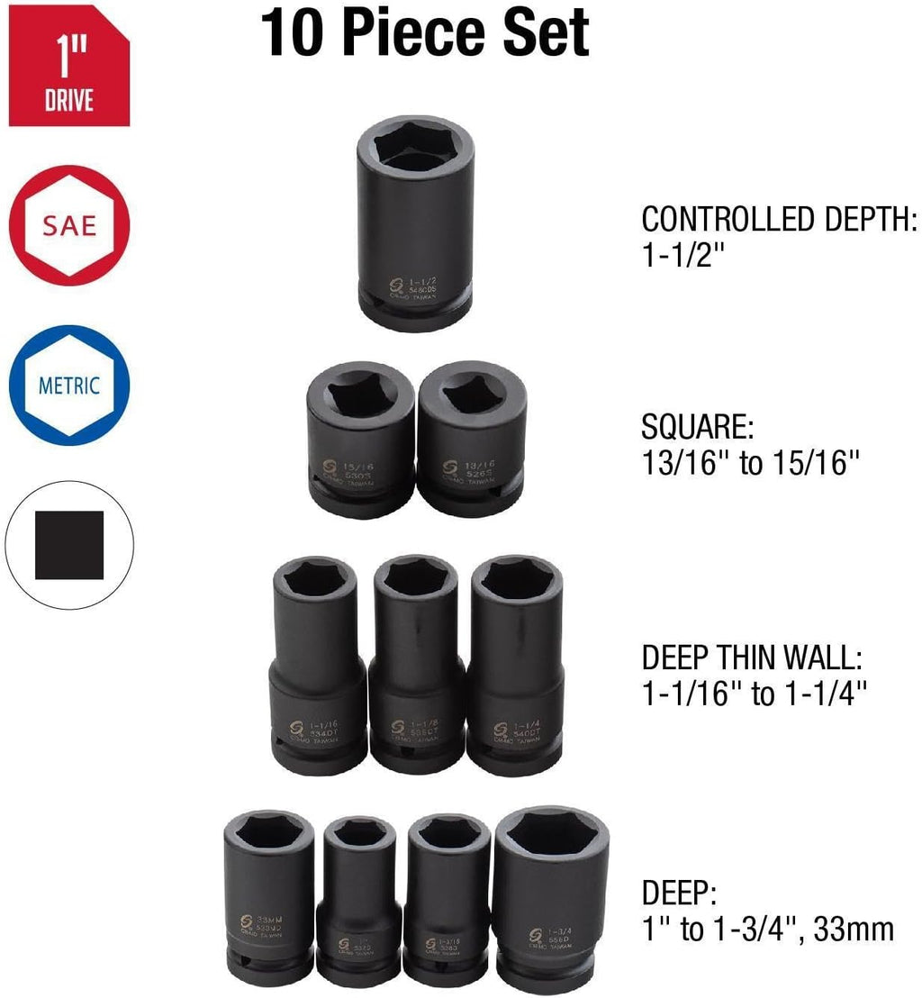 Sunex 5690A, 1 Inch Drive Heavy Duty Wheel Impact Socket Set, 10-Piece, SAE/Metric, Deep/Deep Thin Wall/Square/Controlled Depth, Cr-Mo Steel, Storage Case, Black