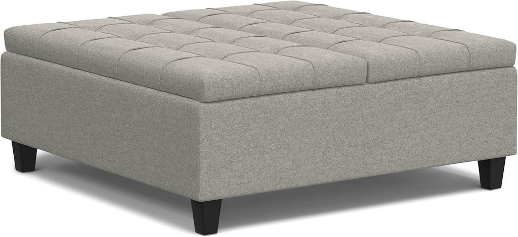 SIMPLIHOME Harrison Large Coffee Table Storage Ottoman - 40 inch Wide Upholstered Linen Look Fabric Square Lift-Top Ottoman in Cloud Grey, Transitional Bench for Living Room with Sturdy Base