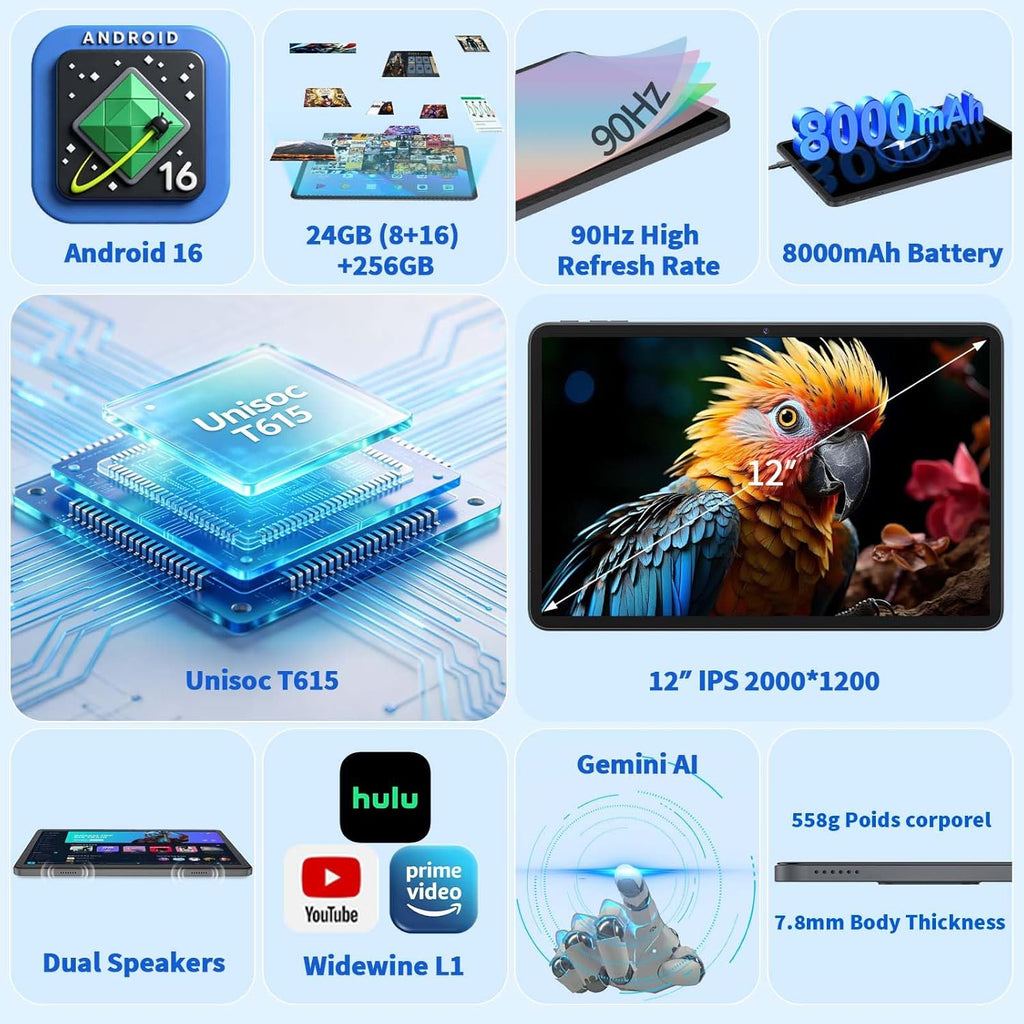 2026 Android 16 Tablet, 12 inch Tablet with Keyboard, 24GB+256GB+2TB Expand, Electronic Tablet PC with 2K Gemini AI, 8000mAh, Octa-Core, GMS, GPS, 2 in 1 Large Tablets with Case, Mouse, Stylus(Silver)