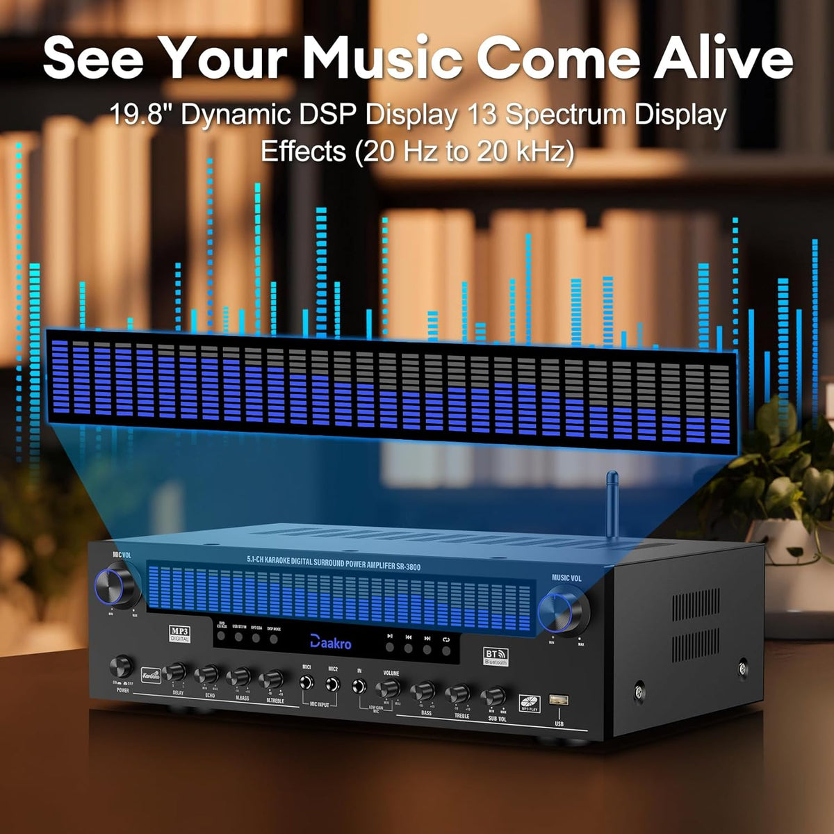 Daakro Stereo Receivers Home Audio Amplifier w/DSP Display,300W Rated Power 5.1 Channel Bluetooth Receiver,Home Amp w/BT/CD/DVD/AUX/USB/BT/FM/Opt/COA/MIC for Home/Studio/Theater Passive Speakers