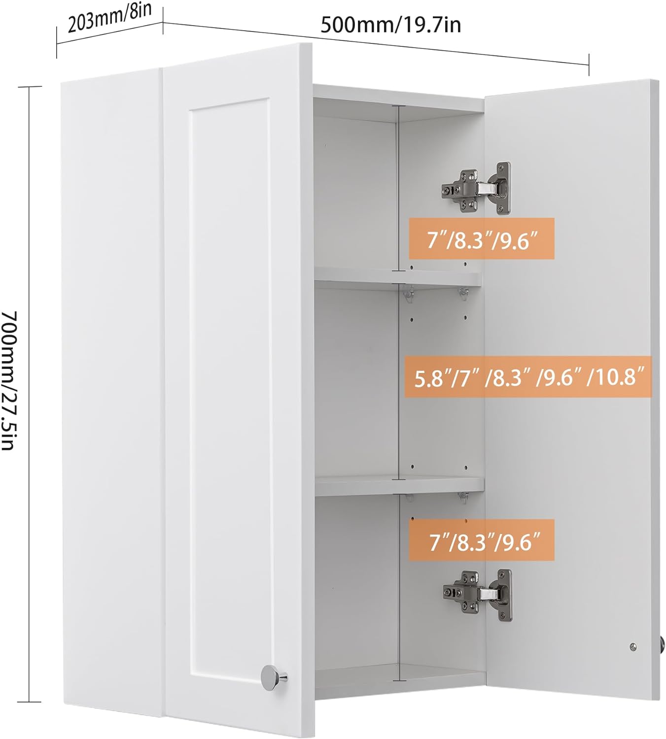 VANIRROR White Wall Mount Cabinet, MDF Over the Toilet Storage Cabinet with Adjustable Shelves, Space Saver 2 Door Medicine Cabinet for Bathroom Laundry Kitchen, 19x 27in, No Paint Odor