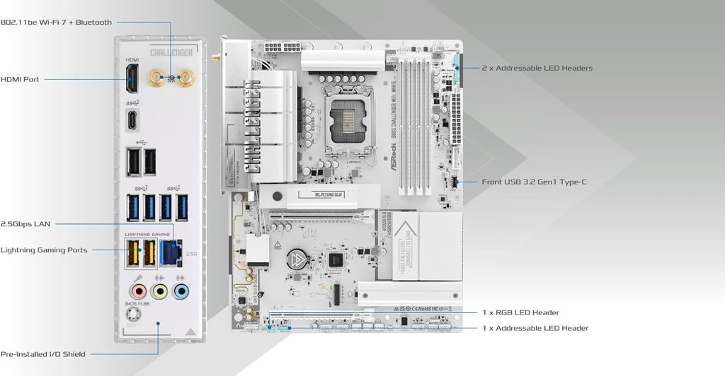 ASRock B860 Challenger WiFi White LGA1851 ATX Motherboard, Supports Intel Core Ultra Series 2 Processors, DDR5 8666+(OC), PCIe 5.0, WiFi 7, 2.5G LAN
