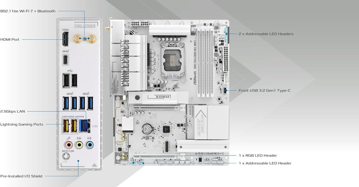 ASRock B860 Challenger WiFi White LGA1851 ATX Motherboard, Supports Intel Core Ultra Series 2 Processors, DDR5 8666+(OC), PCIe 5.0, WiFi 7, 2.5G LAN