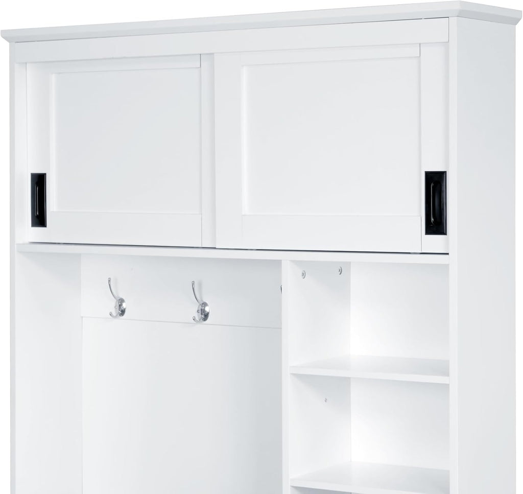 40.2" W Hall Tree with Bench and Shoe Storage, Modern Entryway Bench with 3 Hooks, 3 Shelves and Drawers for Living Room, Hallway, Entryway, White