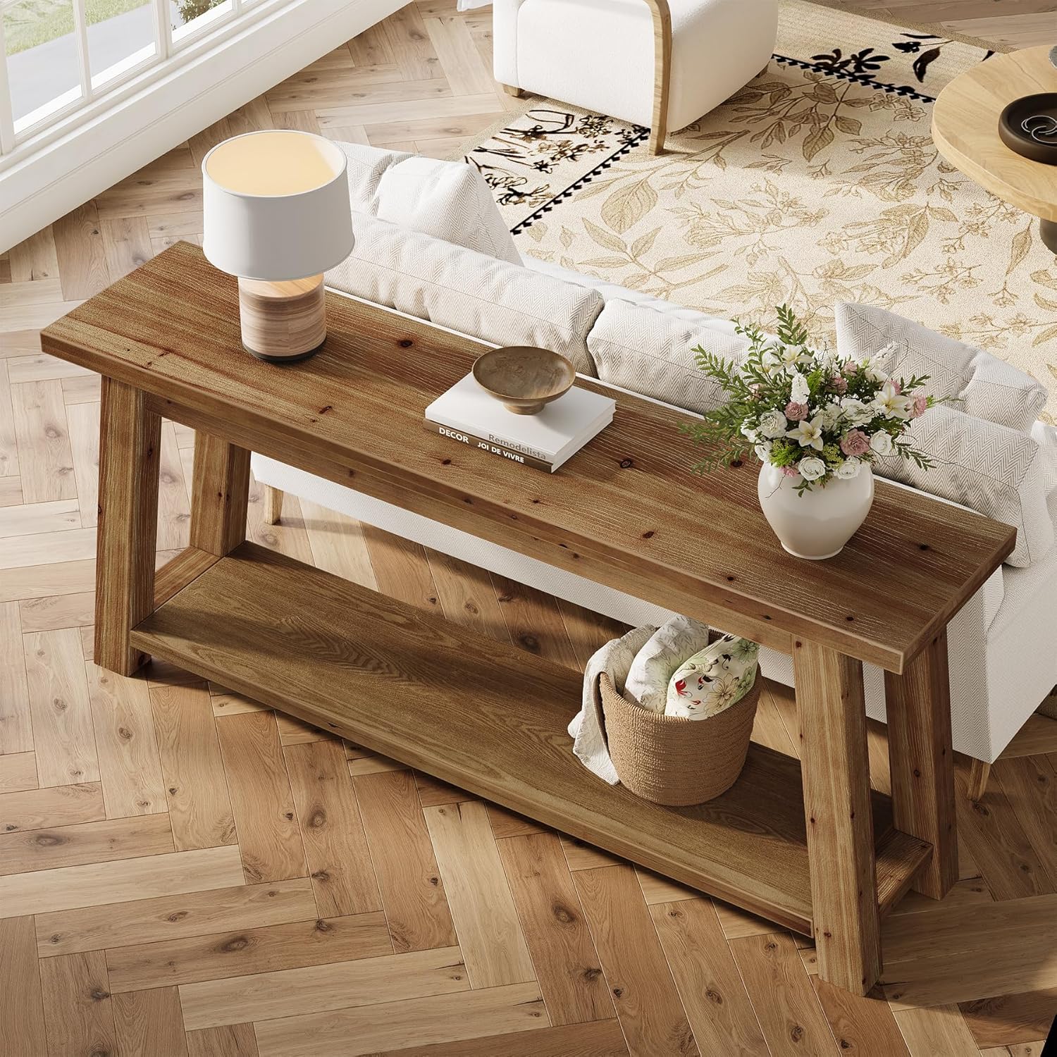 LITTLE TREE 70.9" Solid Wood Console Table for Entryway, 2-Tier Sofa Table Behind Couch, Farmhouse Entryway Table for Living Room, Bedroom, Foyer, Brown