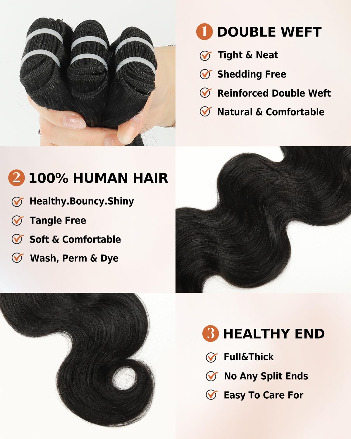 Beeos Body Wave Bundles Human Hair 12 14 16 Inch, Double Weft Virgin 100% Human Hair Bundles for Sew In & Quick Weave, Natural Black 95g x 3