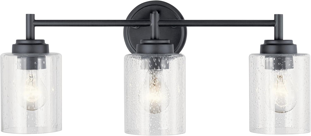 Kichler Winslow 21.5" 3-Light Bathroom Vanity Light Fixture with Clear Seeded Glass in Black, Modern Wall Mount Lighting for Mirror over Vanity in Bathroom, 45886BK