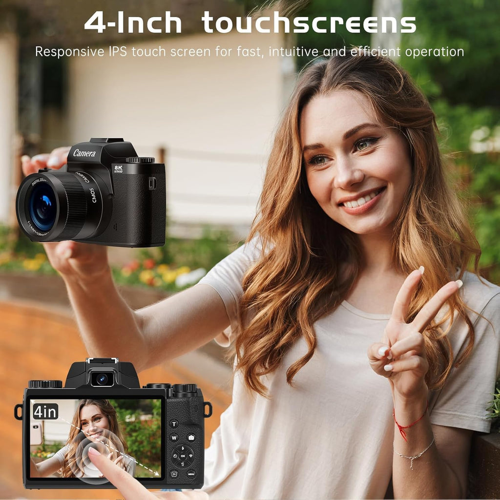8K Digital Camera for Photography, WiFi & Dual-Lens Vlogging Camera for YouTube with 4" Touch Screen, 64MP Vlog Cameras 16X Digital Zoom with 3000mAh Battery, 32GB TF Card & Lens Hood(Black)