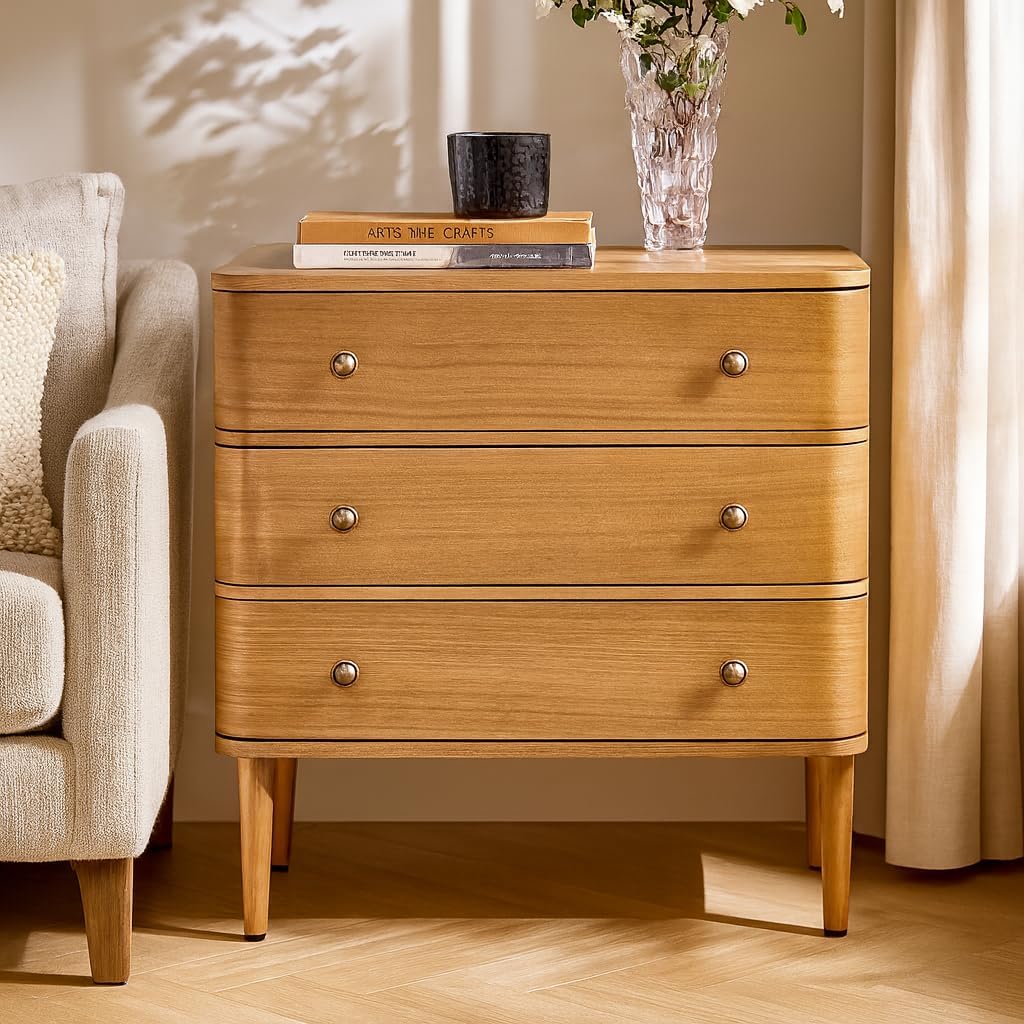 HULALA HOME Modern End Table Set of 2 with Charge Station, 3 Drawer Wood Side Table with Solid Wood Legs & Adjustable Feet, Curved Design End Table, Oak
