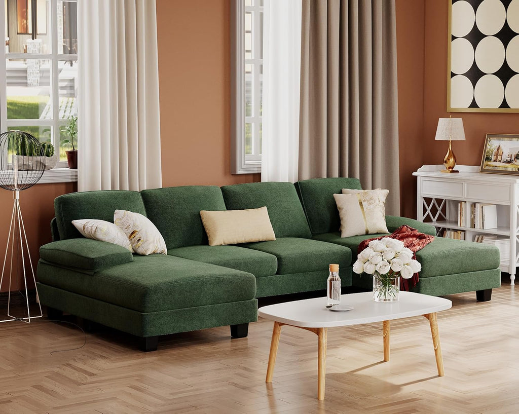 Furmax Sectional Couches for Living Room, U-Shaped Sofa Couch with Linen Fabric, 4 Seat Sofa Set with Double Chaise for Apartment (Chenille, Green)