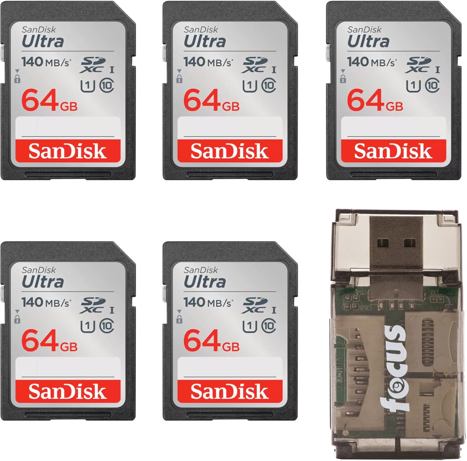 SanDisk 64GB Ultra Class 10 140 MB/s UHS-I SDXC Memory Card (5-Pack) Bundle with All-in-One High Speed Card Reader (6 Items)
