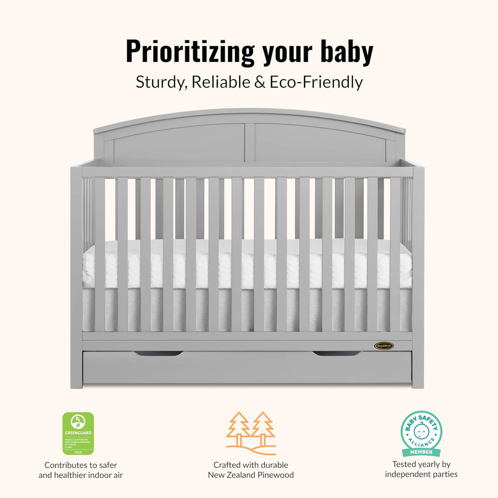 Dream On Me Storybrooke 5-in-1 Convertible Full-Size Crib with Under Drawer, Pebble Grey, GreenGuard Gold & BSA, Convert to Toddler, Day & Full-Size Bed, 3 Mattress Heights, Sustainable Pinewood