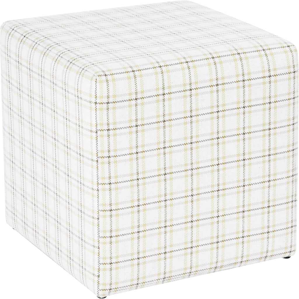 HomePop 19” Square Upholstered Ottoman with Solid & Engineered Wood Frame, Modern Cube Accent Stool for Living Room, Bedroom or Entryway - Natural Plaid Woven Fabric