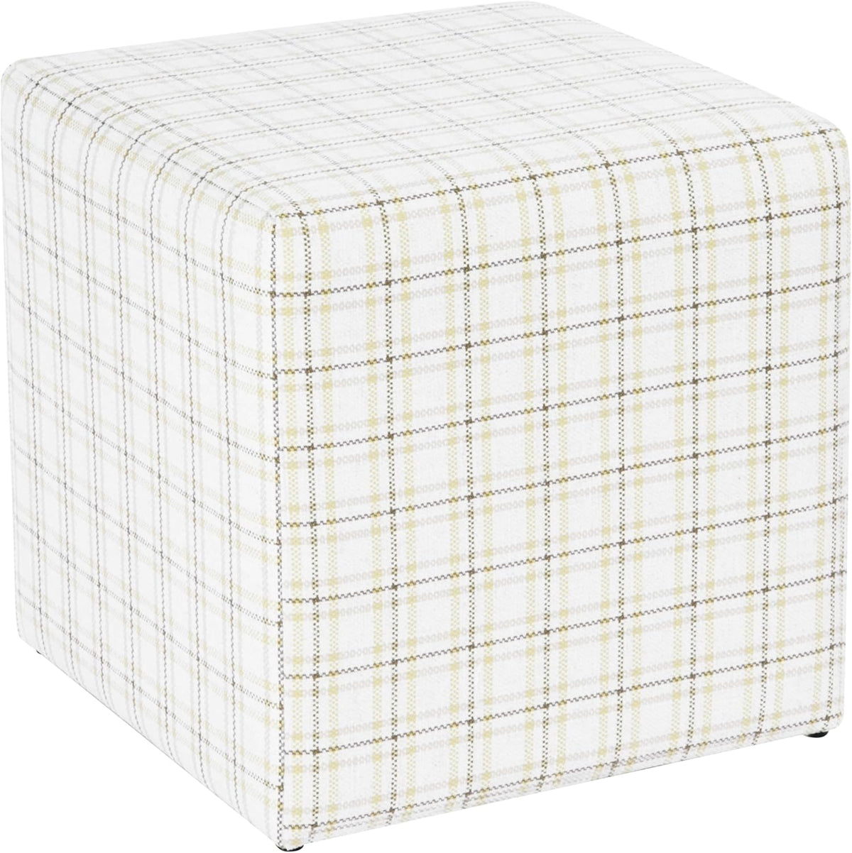 HomePop 19” Square Upholstered Ottoman with Solid & Engineered Wood Frame, Modern Cube Accent Stool for Living Room, Bedroom or Entryway - Natural Plaid Woven Fabric