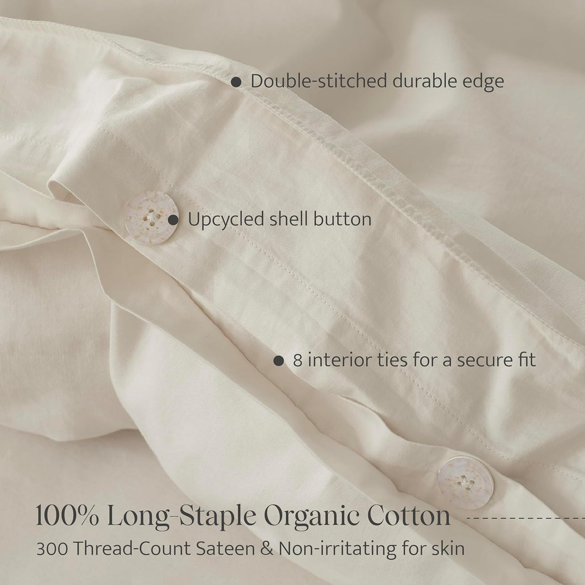 Double Stitch 100% GOTS Organic Cotton Duvet Cover, Washed Cotton Queen Size Duvet Covers Set, 300 TC Luxury Hotel Sateen Weave 3PCS Bedding Set, Soft Long Staple Cotton, Made in India, Coconut White