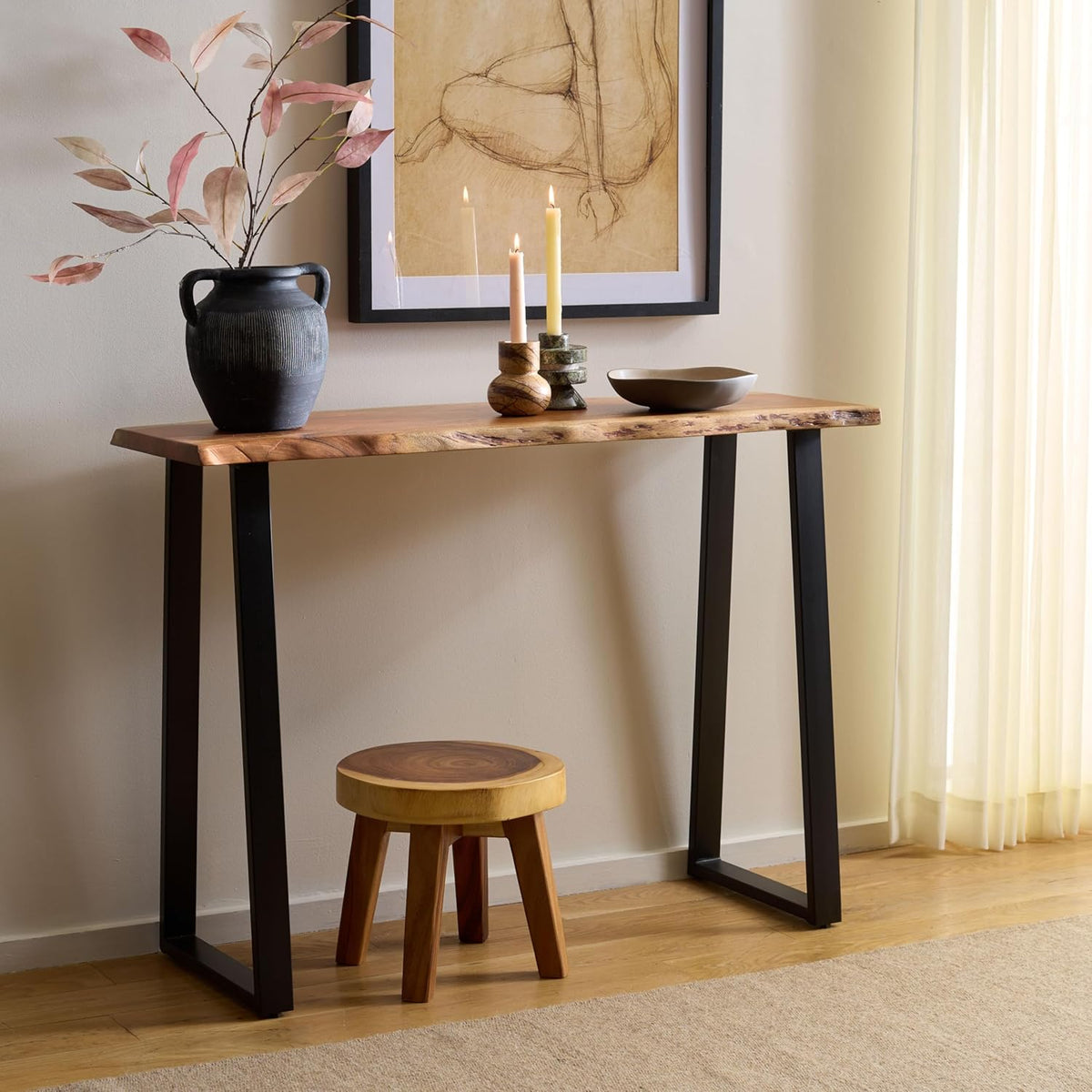 SAFAVIEH Home Collection - Adella Live Edge Entryway Console Table, Natural Wood Top with Black Metal Open Legs (CNS3704A)
