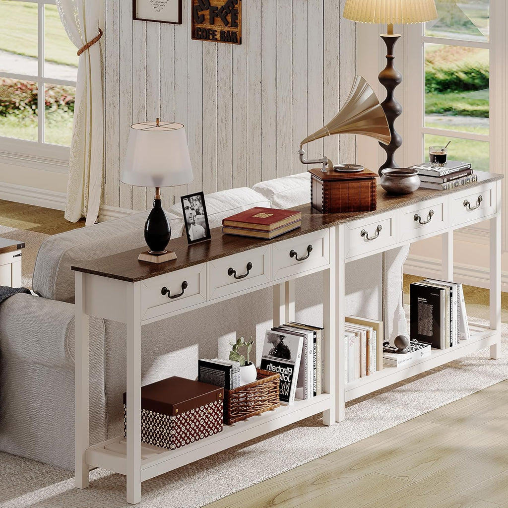 ChooChoo 47" Farmhouse Console Table with 3 Drawers, Rustic Entryway Table, Narrow Long Sofa Table for Living Room, Hallway, Behind Couch, Soft White and Brown