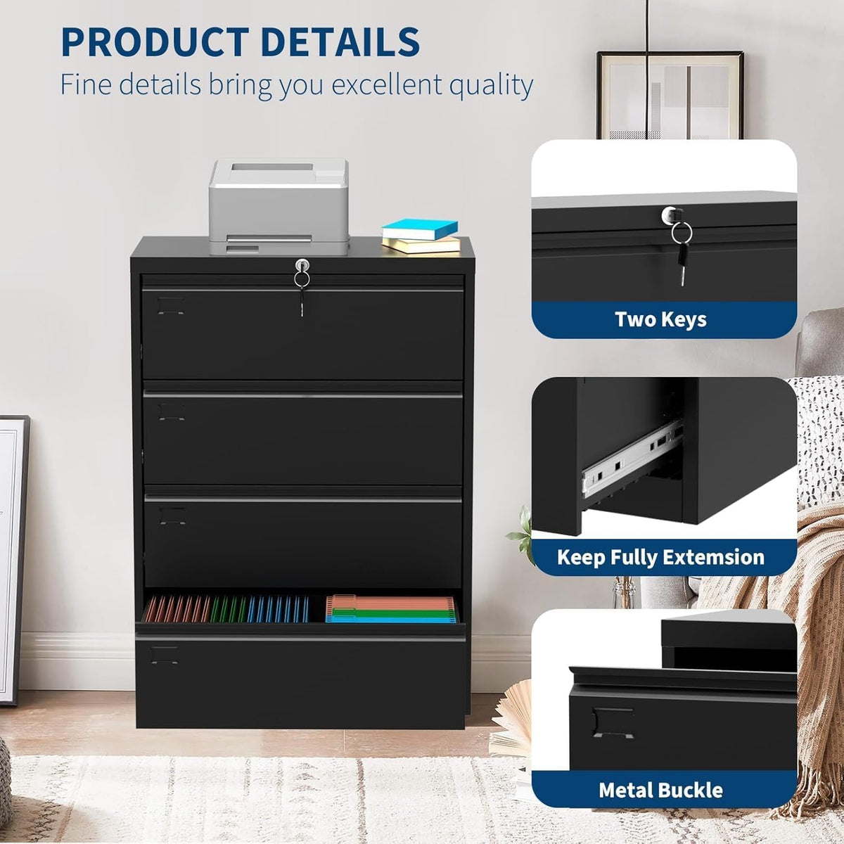 4-Drawer Metal File Cabinet with Lock, Lateral Filing Cabinet for Letter/Legal/A4 Size Documents, Heavy Duty Lockable File Storage Cabinet for Home Office