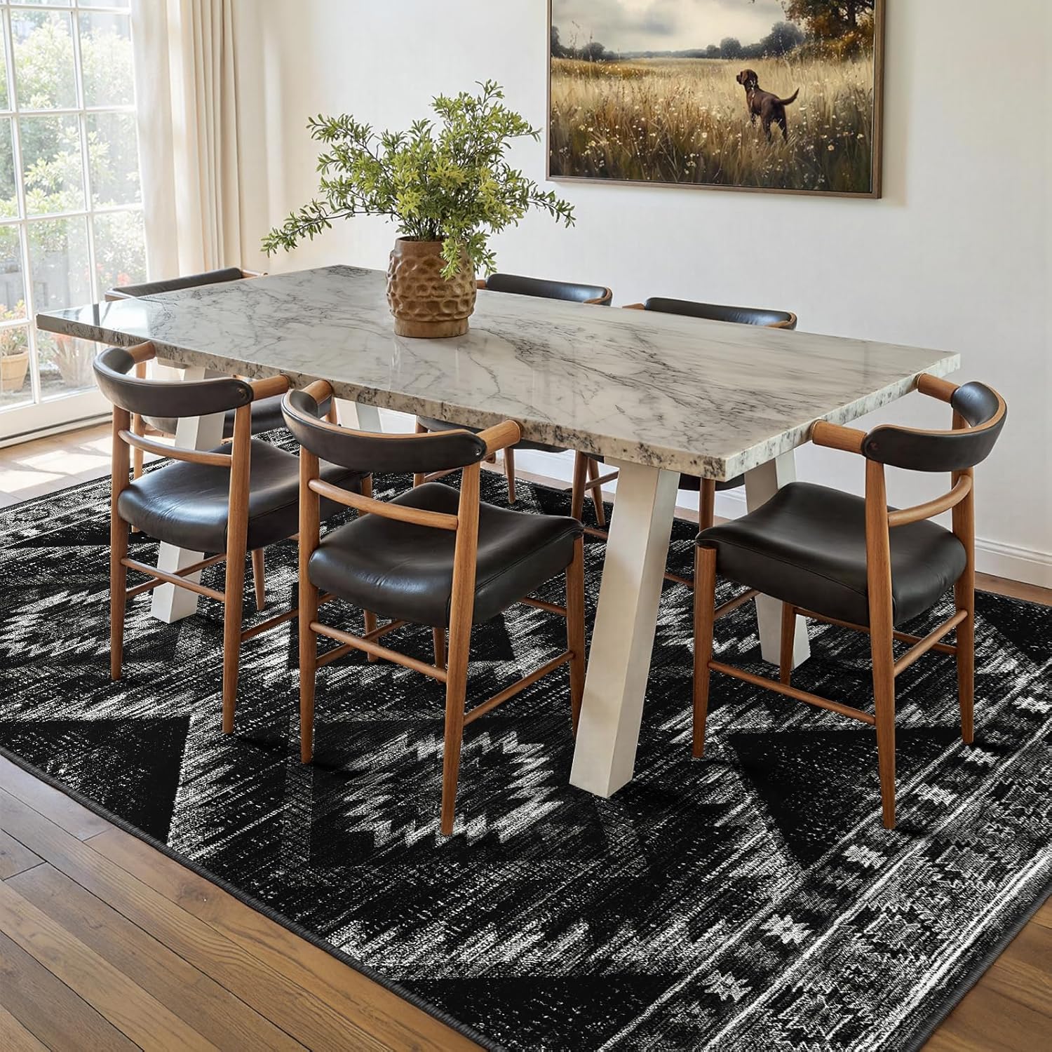 Area Rug 9x12 Rug Machine Washable Non-Slip Low Pile Print Pattern Western Rug for Living Room Bedroom Entryway Tribal Series -Black
