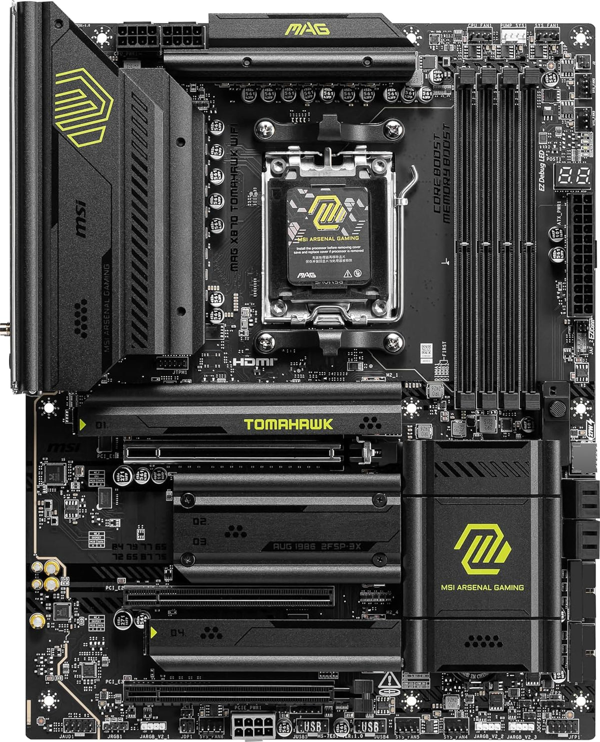 MSI MAG X870 Tomahawk WiFi Gaming Motherboard (AMD Ryzen 9000/8000/7000 Series Processors, AM5, DDR5, PCIe 5.0, M.2 Gen5, SATA 6Gb/s, USB 40Gbps, HDMI/DP, Wi-Fi 7, Bluetooth 5.4, 5Gbps LAN, ATX)