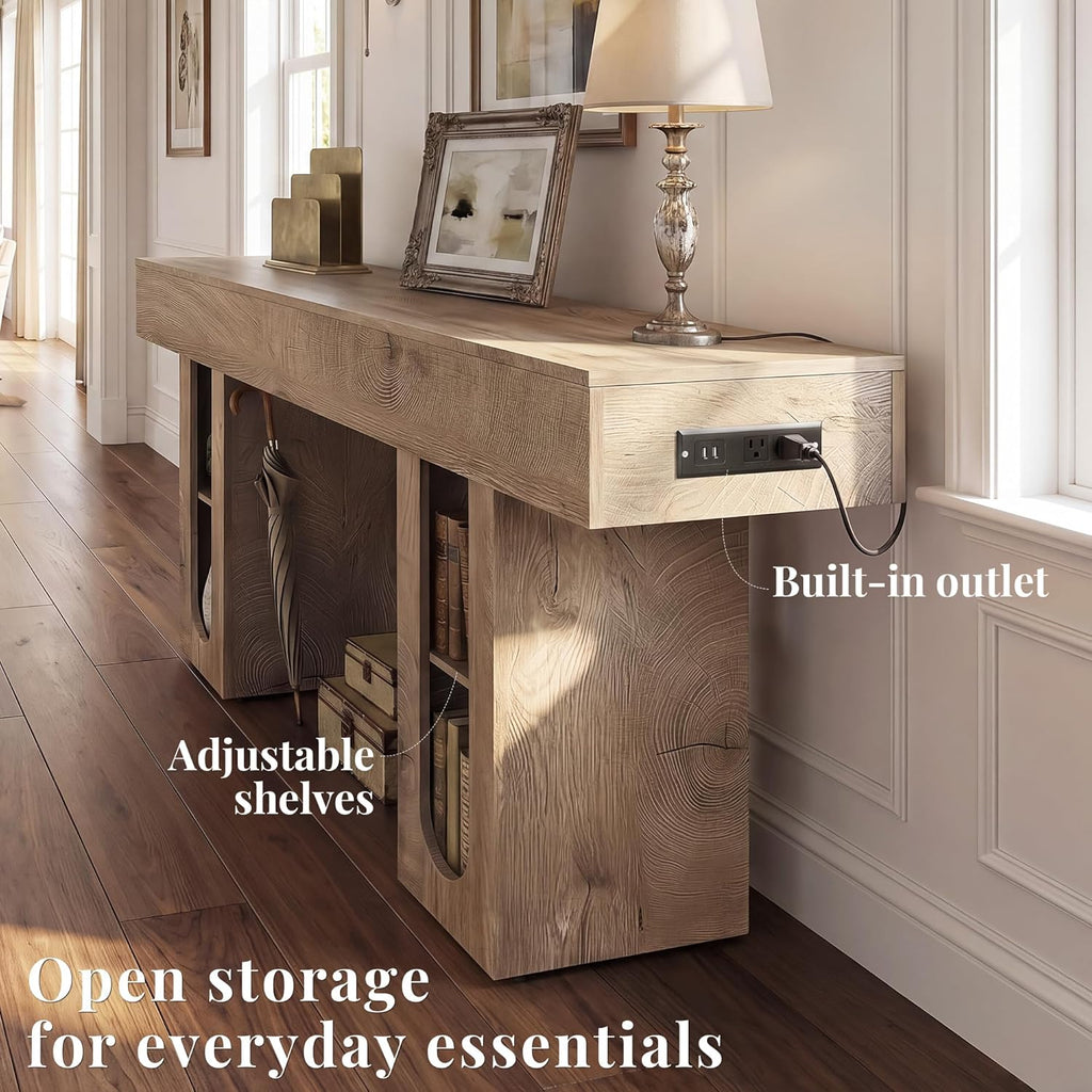 63 Inch Long Console Table with Outlet, Entryway Table with Storage Shelves, Thick Heavy Duty High Density MDF Farmhouse Sofa Table for Hallway Behind Couch,Living Room（Natural）