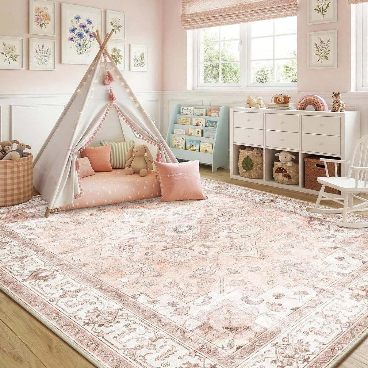 CAPALOCA Machine Washable Rugs Nursery Rug 8x10 Cute Girl Non Slip Low Pile Water Repellent Soft Print Pattern for Bedroom Indoor Decor Kids Playroom Pink