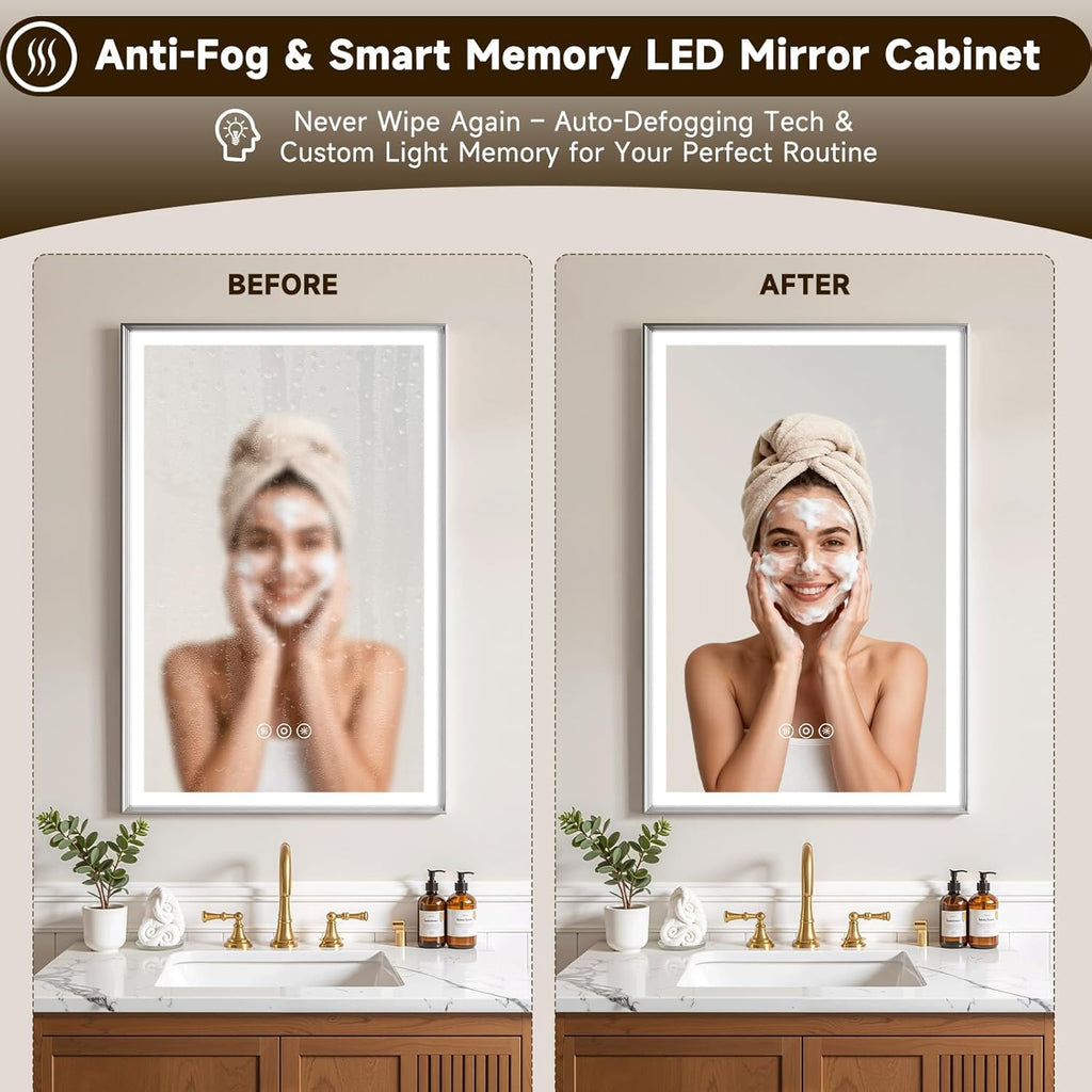 16X24 Inches Framed Medicine Cabinet with Lights, Bathroom Medicine Cabinet with 3-Color/Dimmable, Anti-Fog, Plug-in & Hardwired, Surface Mount & Recessed