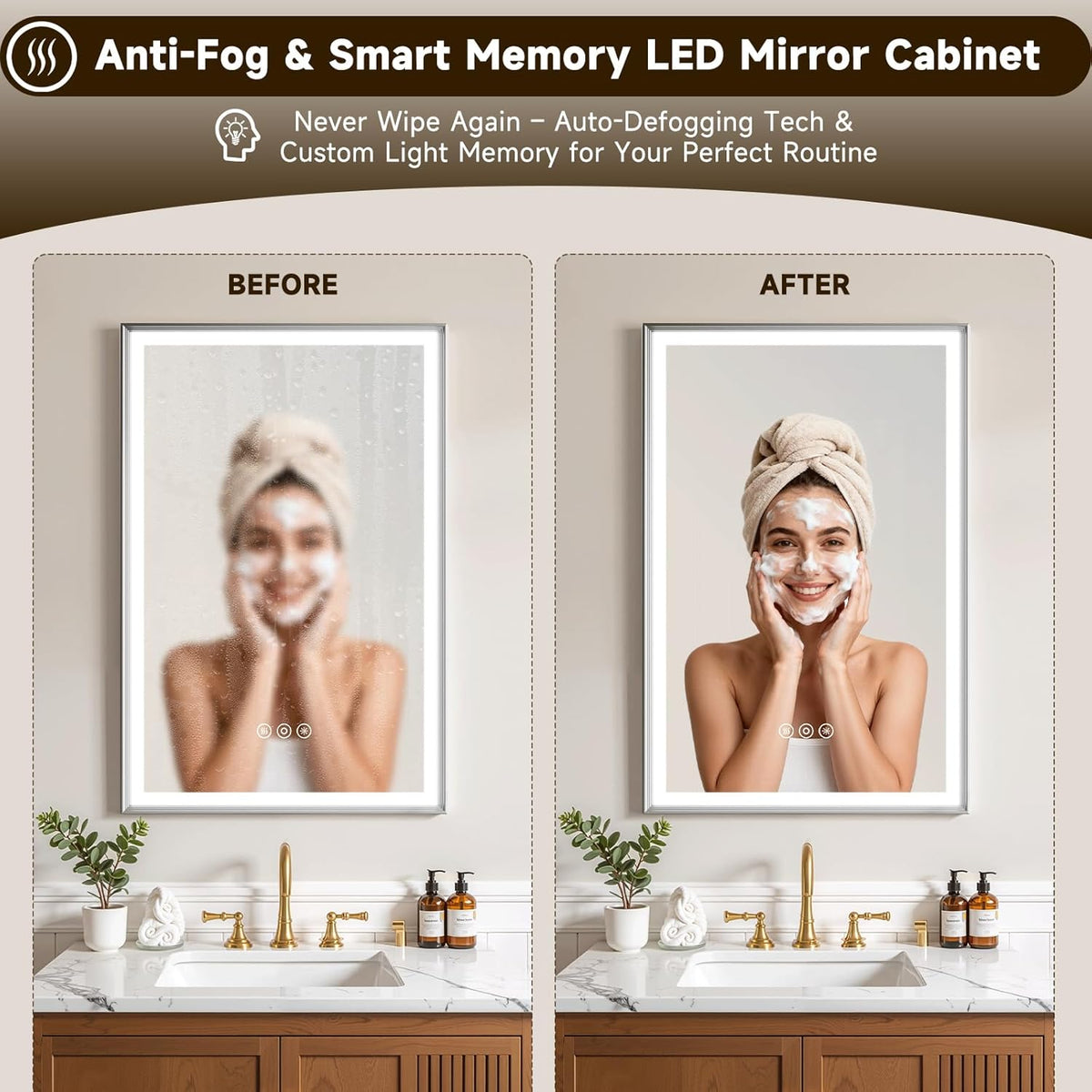 16X24 Inches Framed Medicine Cabinet with Lights, Bathroom Medicine Cabinet with 3-Color/Dimmable, Anti-Fog, Plug-in & Hardwired, Surface Mount & Recessed