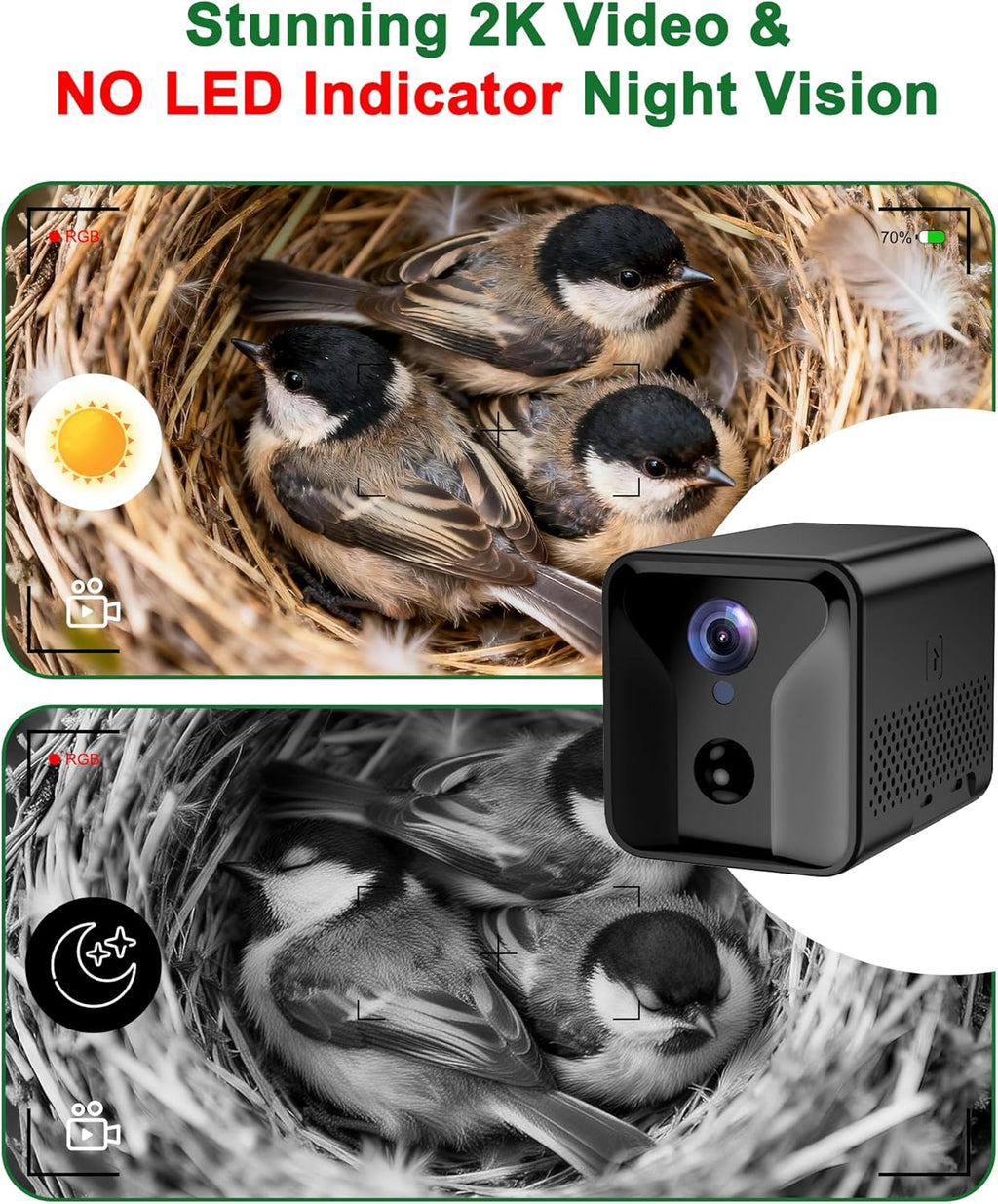 KinetCam Bird House with Camera Solar Powered, 2K HD Wi-Fi Bird Watching Cam for Birdhouse, Auto Detect & Notify, Night Vision, APP Control, Wooden Birdhouse with Camera Inside