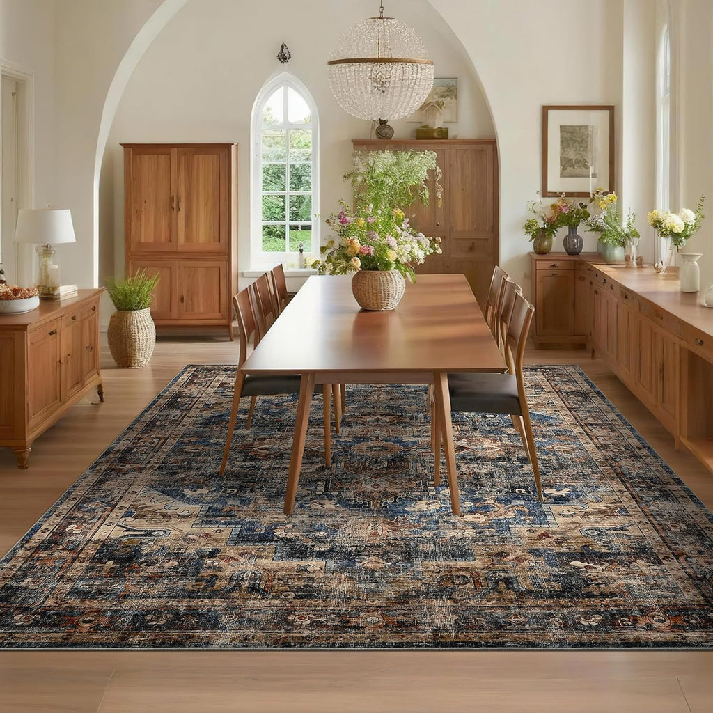 GarveeHome 8x10 Washable Vintage Living Room Area Rug: Vintage Machine Washable Area Rug for Living Room Indoor Large Non-Slip Bedroom Carpet Low Pile Stain Resistant Dining Room Carpet Blue&Brown