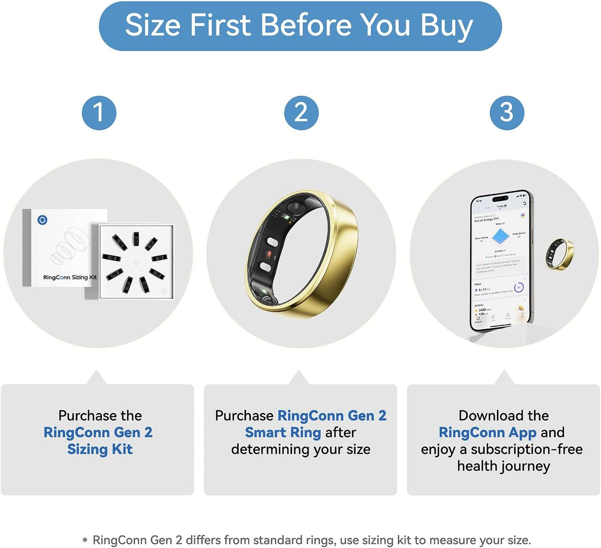 RingConn Gen 2, World's First Smart Ring with Sleep Apnea Monitoring, No APP Subscription, 12-Day Battery Life, Stress/Heart Rate/Women's Health Tracker, Android & iOS Compatible (Gold, Size 8)