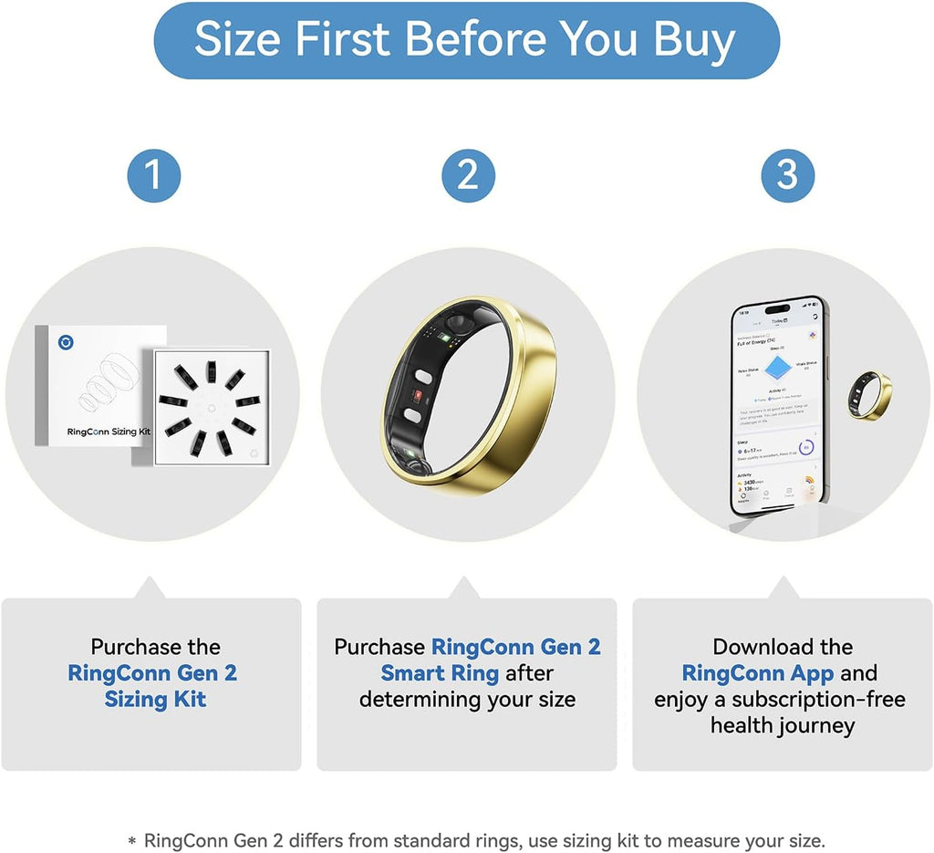 RingConn Gen 2, World's First Smart Ring with Sleep Apnea Monitoring, No APP Subscription, 12-Day Battery Life, Stress/Heart Rate/Women's Health Tracker, Android & iOS Compatible (Gold, Size 8)