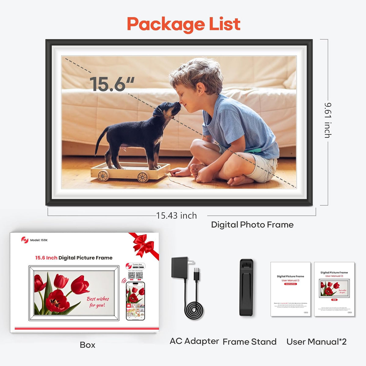 BIGASUO Digital Picture Frame Frameo 15.6" WiFi Electronic Photo Frames Large with 64GB Memory 1920x1080 IPS FHD Touch Screen Share Moments Instantly Anywhere Photo Gifts for Parents and Grandparents