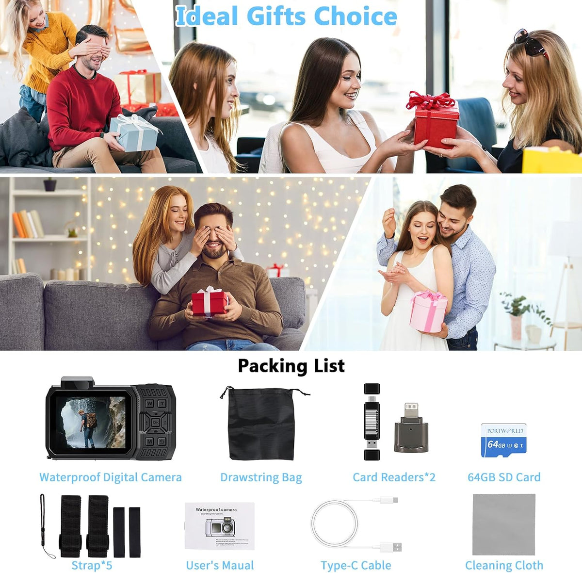 8K Underwater Camera 33FT Waterproof Camera with 64GB Card 70MP 18X Zoom Waterproof Digital Camera Auto Focus Dual-Screen Selfie 2500mAh Battery Dustproof Shockproof