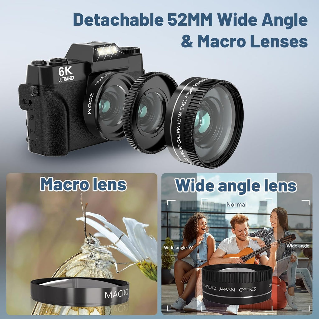 6K Digital Camera for Photography - WiFi 64MP Vlogging Cameras for YouTube with 3" 180° Flip Screen, 16X Digital Zoom Autofocus Vlog Travel Camara with 32GB SD Card, 2 Batteries and Double Charger