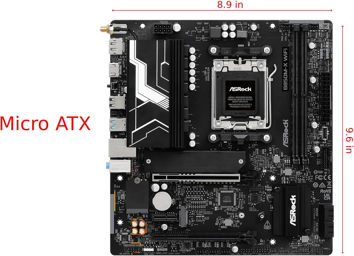 ASRock B850M-X R2.0 Micro-ATX AM5 Motherboard, AMD Ryzen 9000/8000/7000 Support, DDR5 8200+ OC, PCIe 5.0, 2.5G LAN, 6+1+1 Power Phase, BIOS Flashback