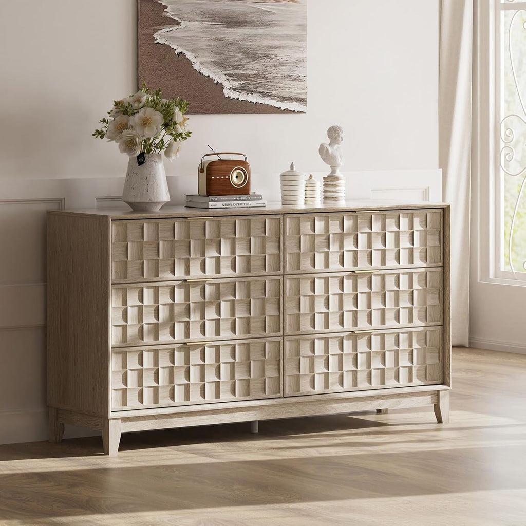 COLAMY Fluted Dresser, Modern Wooden 6 Drawer Dresser 55”, Side Board Buffet Storage Cabinet, Accent Cabinet with Metal Handles for Bedroom, Entryway, Hallway, Oak
