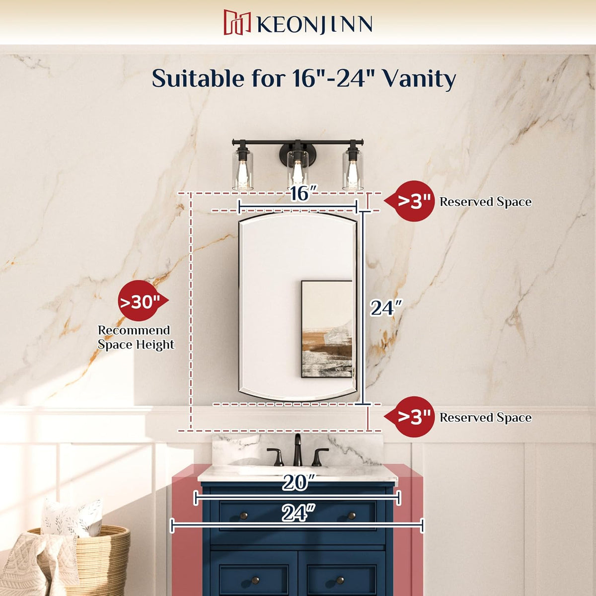 Keonjinn Medicine Cabinet 16 x 26 Inch, Surface Mount or Recessed Cabinets with Mirrors, White Metal Framed Wall Mirror with Storage, 2 Adjustable Shelves, Beveled Edge Frame
