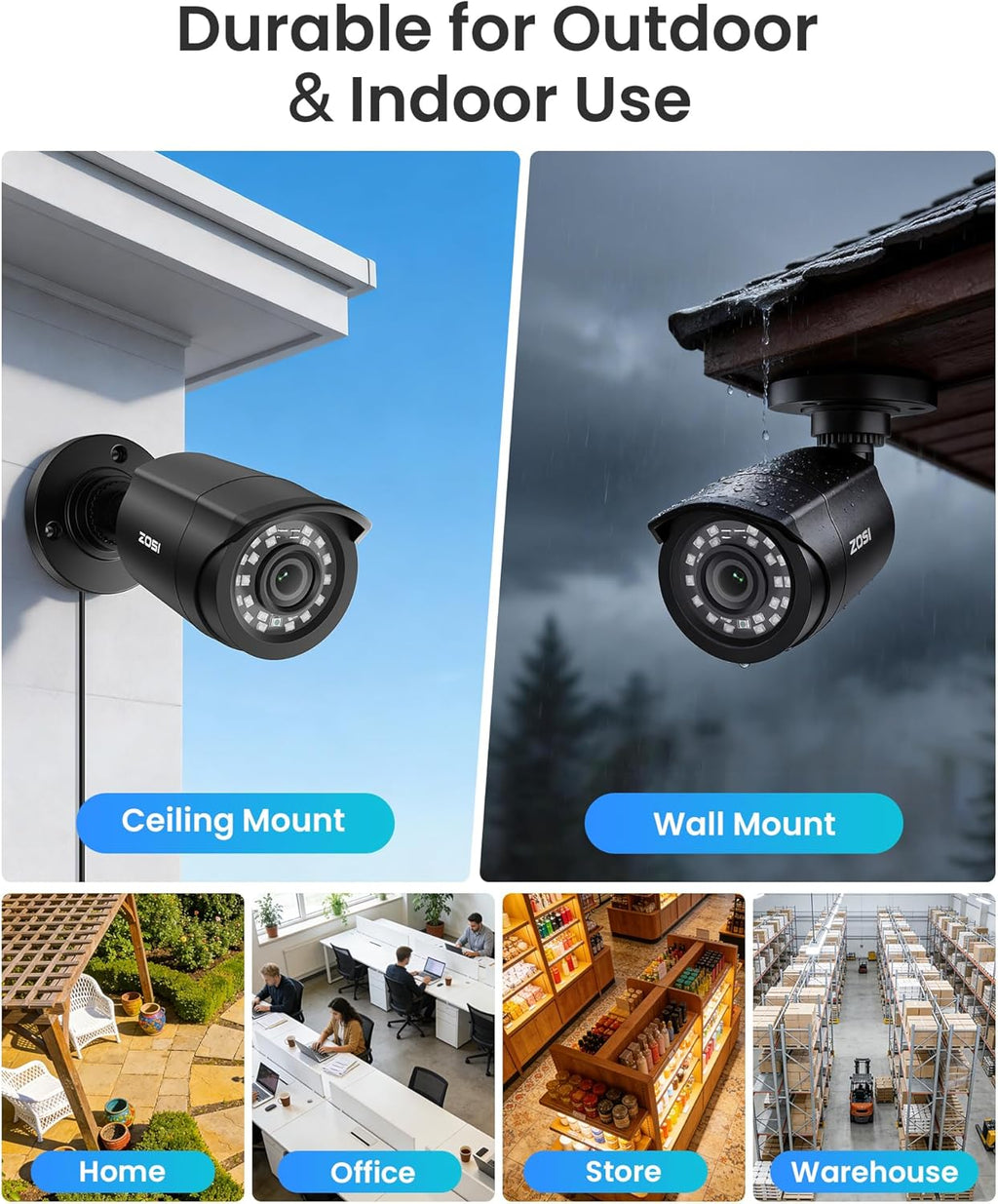 ZOSI 3K Lite Security Camera System Indoor Outdoor,AI Human/Vehicle Detection,Night Vision,Remote Access,4pcs 1080P 1920TVL Weatherproof Surveillance Cameras,H.265+ 8CH CCTV DVR(NO HDD)