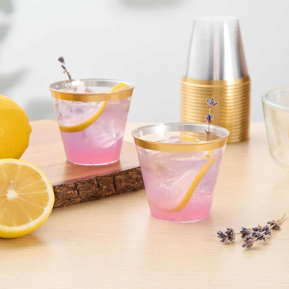 Restaurantware 5 oz Plastic Cups 500 Count Chef 101 Clear Disposable Cup with Gold Rim Drinkware Cold Beverage Tumbler Durable Design for Parties and Events