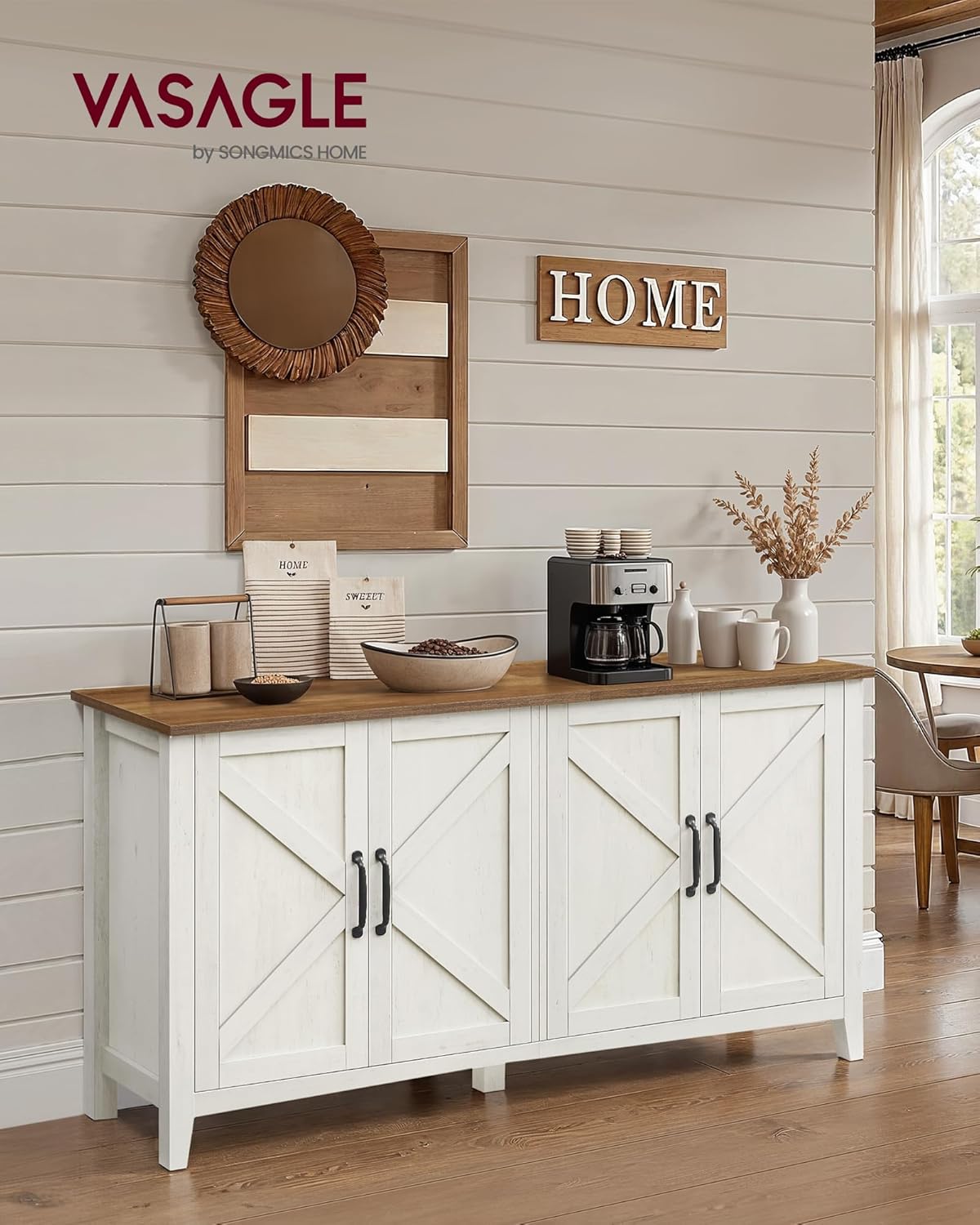 VASAGLE LIRY Collection - Storage Cabinet, Buffet Cabinet, Sideboard, Credenza, with Adjustable Shelves, for Living Room, Entryway, Rustic White and Honey Brown ULSC381W01